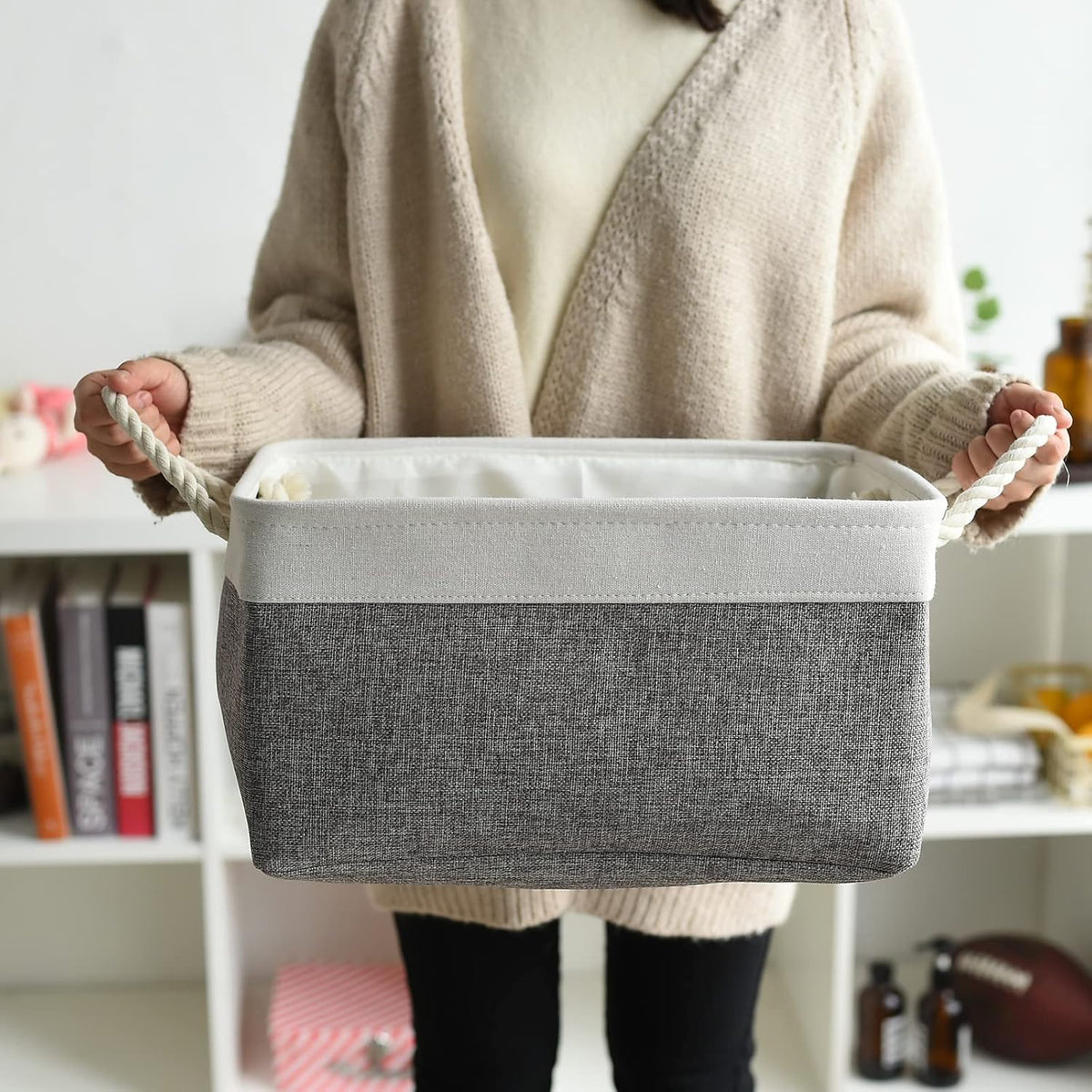 TcaFmac Collapsible Storage Bins for Organization - Large 3 Pack Canvas Storage Basket for Shelves, Organizer Baskets for Organizing for Closet Cloth Dog Toy Baby (White & Grey 16x12x8 inch)