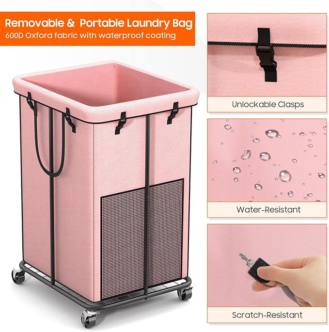 150L Laundry Hamper with Wheels, Rolling Laundry Basket with Metal Frame and Removable Bag, Large & Tall Dirty Clothes Hampers for Bedroom Aesthetic, Laundry Room, Bathroom, Dorm-Pink