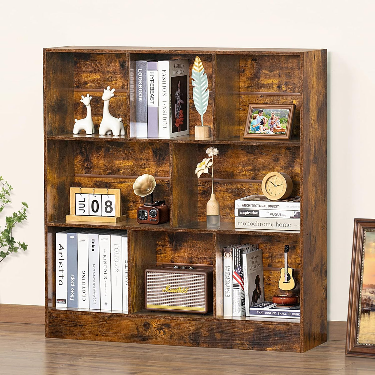 LEYAOYAO 8 Cube Bookshelf with Base,3 Tier Mid-Century Modern Brown Bookcase,Standing Wide Bookshelves Storage Organizer Shelf,Rustic Wood Display Cabinet Book Shelves for Bedroom,Living Room,Office