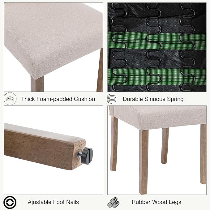 Upholstered Dining Chair Modern Stylish Parsons Kitchen Diner High Back with Silver Nailhead Trim & Wood Legs, Set of 2, Fabric Beige