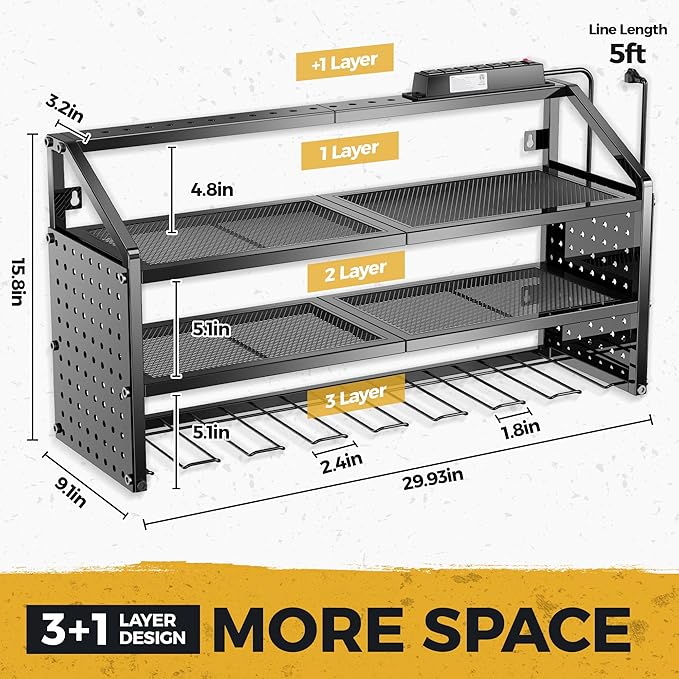 LBT Large Power Tool Organizer Wall Mount with Charging Station, 8 Drill Holder, 4 Layer Heavy Duty Metal Tool Storage Rack, 6 Power Strip, 8 Hooks, 2 Screw Boxes, Cool Gifts for Him Fathers Day
