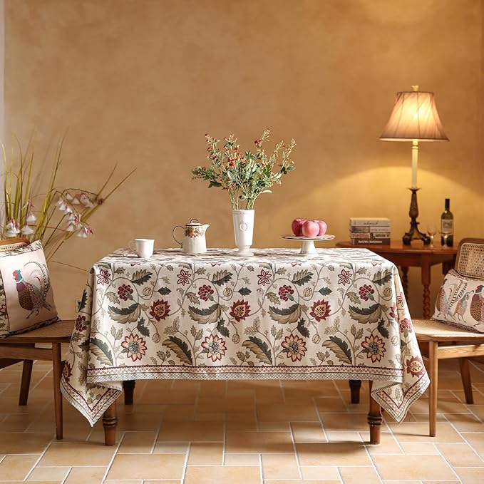 ISAENNE Designer Provence Floral Small Rectangular Tablecloth,Linen Colorful Washable Indoor Table Cloth,Durable Decor Tablecloths for Dining Thanksgiving Kitchen Christmas,55"*71"-Ratina