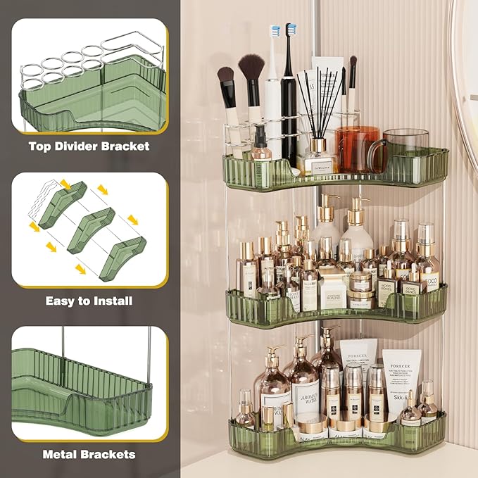 3-Tier Corner Bathroom Counter Organizer with Top Toothbrush Holders,Large Makeup Organizer Countertop with Brush Holder,Skincare Organizers Corner,Exquisite Vanity Organizer (Green, 3 Tier)