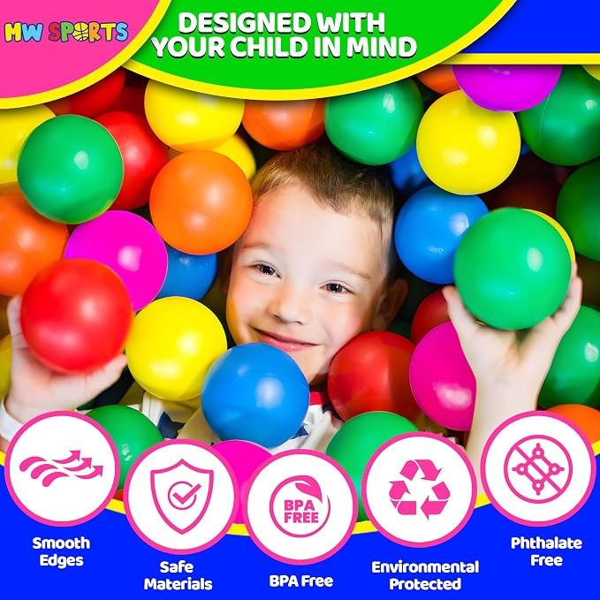 MW SPORTS Ball Pit Balls for Kids and Toddlers, Plastic Crush Proof, Phthalate & BPA Free, in Reusable Mesh Storage Bag, Assorted Colors (200 Balls)