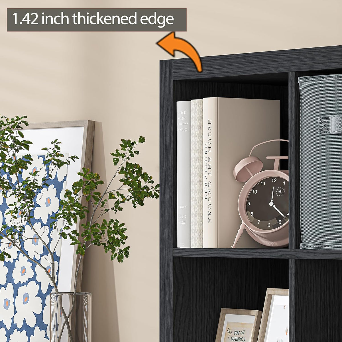 Bookshelf with Storage Bin, 4-Cube Storage Organizer, Modern Wood Open Bookcase, Multifunctional Display Shelf for Living Room, Bedroom, Home Office, Black