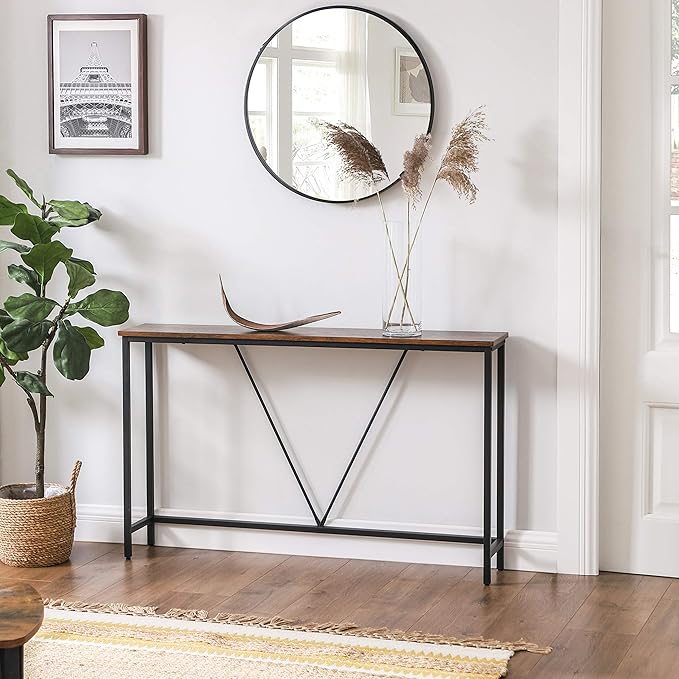VASAGLE Console Sofa Table, Narrow Entryway Table, for Living Room, Bedroom, Easy Assembly, Rustic Brown and Ink Black ULNT020B01
