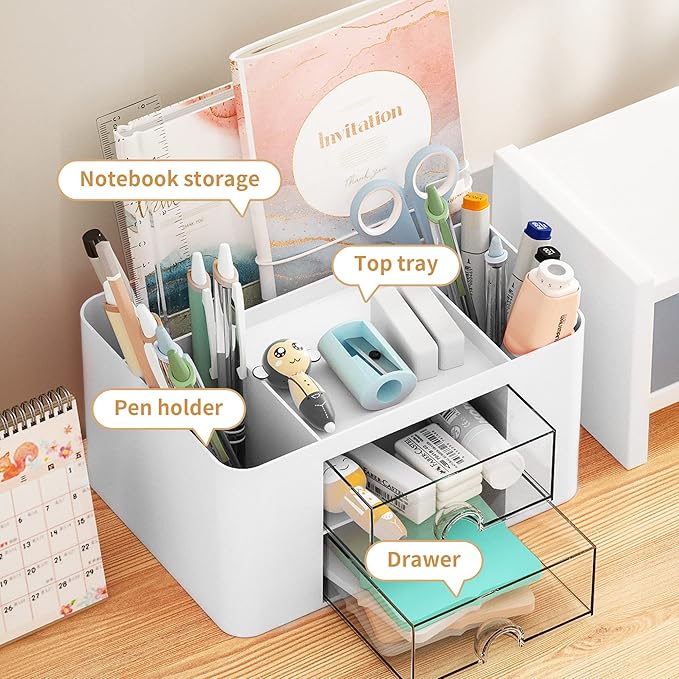 Marbrasse Pen Organizer with 2 Drawer, Multi-Functional Pencil Holder for Desk, Desk Organizers and Accessories with 5 Compartments + Drawer for Office Art Supplies (White)