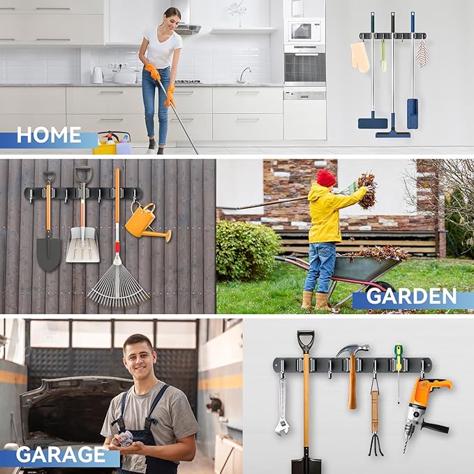 ZONGOOL 2 Pack Mop Broom Holder Wall Mount, Broom Organizer Storage Tool Racks Stainless Steel Self Adhesive Heavy Duty Hooks for Home Kitchen Garden (3 Racks with 4 Hooks, Black)