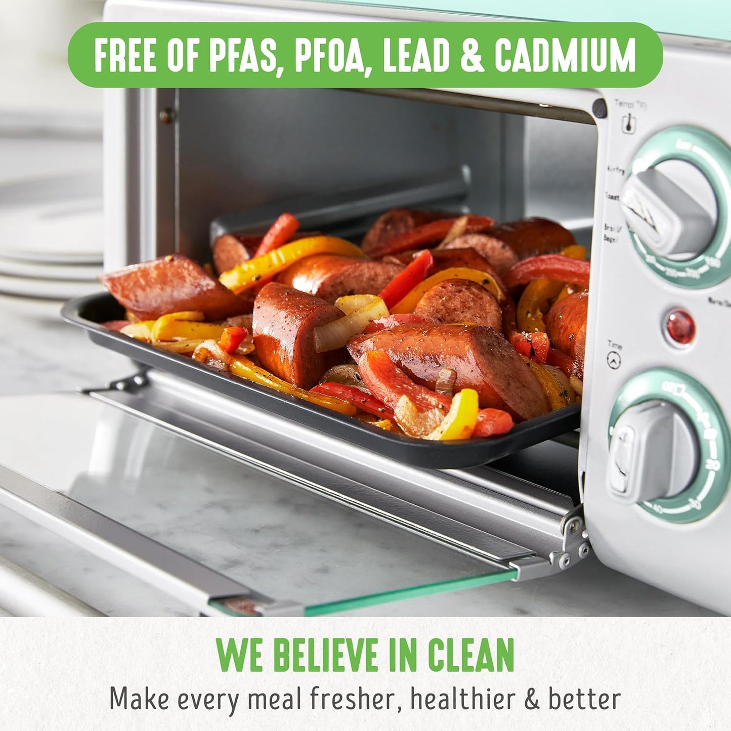 GreenLife Countertop Toaster Oven Air Fryer Stainless Steel, Healthy Ceramic Nonstick, PFAS and PFOA-Free, Tray & Basket, Bake, Broil, Reheat, Adjustable Temp & Time Control, Auto Shutoff, Turquoise