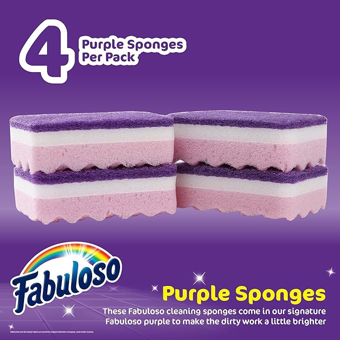 Fabuloso Sponges, Purple - Scratch-Free Scrubber for Dishes and Surfaces - Dishwashing Sponge for Bold and Bright Cleaning Experience, 4 Count