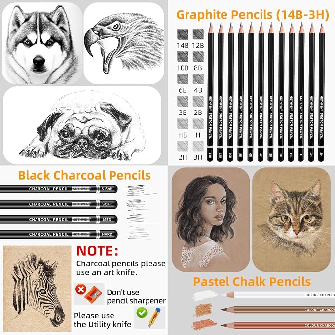 GETHPEN Sketch Pencils for Drawing,34 Pcs,Graphite Pencil (14B-4H), Charcoal Pencil,With Graphite Sticks, Erasers and Sharpener, Art Pencils for Sketching,Artist Set for Beginners and Professionals