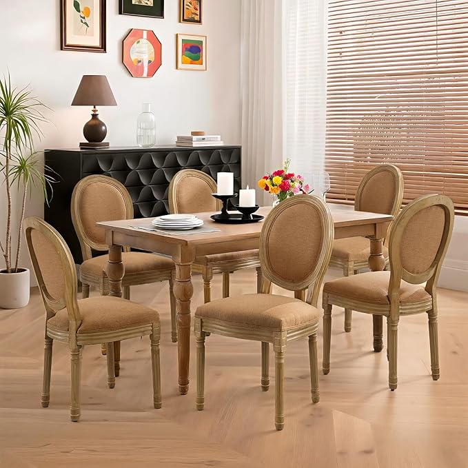 French Country Dining Chairs Set of 6,Farmhouse Upholstered Dining Room Chairs with Round Back and Solid Leg,Fabric Kitchen Side Chairs for Kitchen/Bedroom/Dining Room,Tan