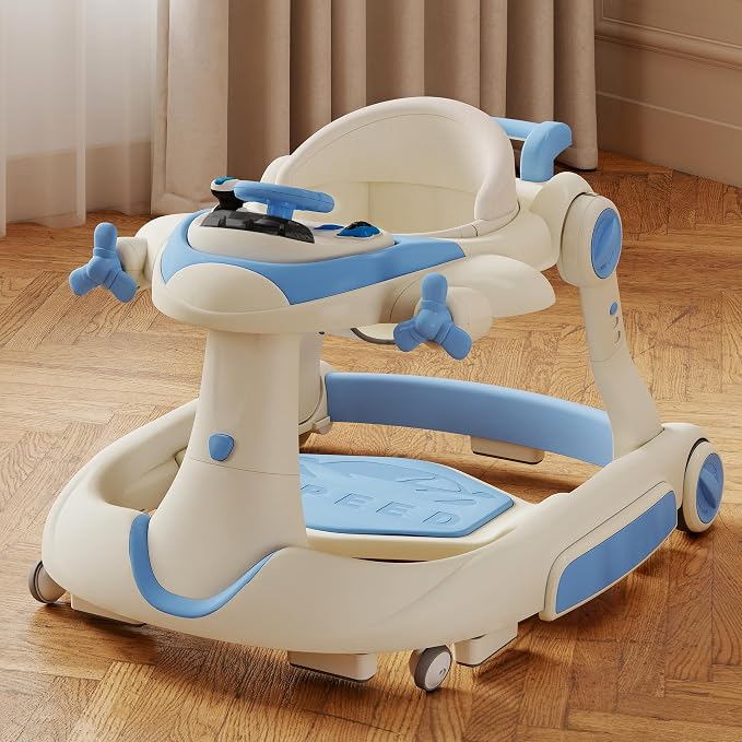 Kinder King 8-in-1 Baby Walker with Music & Lights, 3 Level Adjustable Height, Foldable Toddler Walker with Speed Adjustable Wheels, Easy to Clean, Baby Walkers for Boys & Girls 6-18 Months