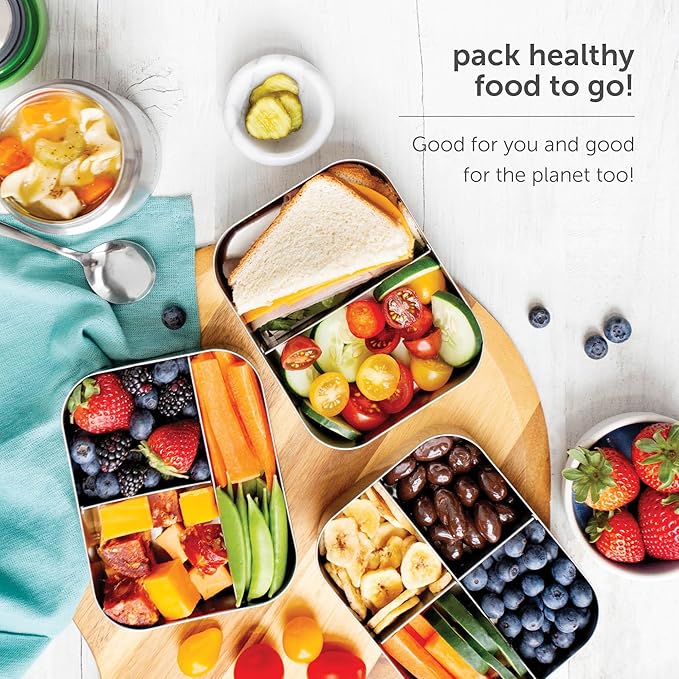 LunchBots Medium Duo Snack Container - Divided Stainless Steel Food Container - Two Sections for Half Sandwich and a Side - Eco-Friendly - Dishwasher Safe - Stainless Lid - Aqua Dots