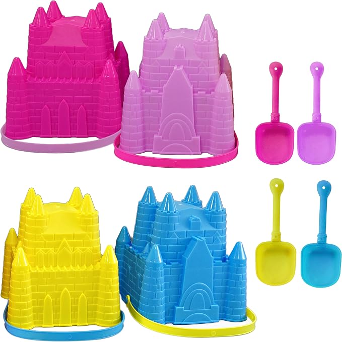 4E's Novelty (4 Sets) Castle Beach Buckets and Shovels, Large Size 7" - Sand Castle Building Kit, Sandcastle Molds Beach Toys for Kids 3-10, Outdoor Sand Toys for Toddlers