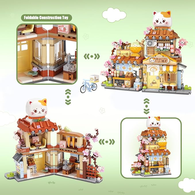 Japanese Street View Taiyaki Shop Mini Building Blocks for Girls 6-12, MOC Creative Building Toys Cute Panda Building Set, Simulation Architecture Construction Toy, Gift Idea for Kids Adults (923 PCS)