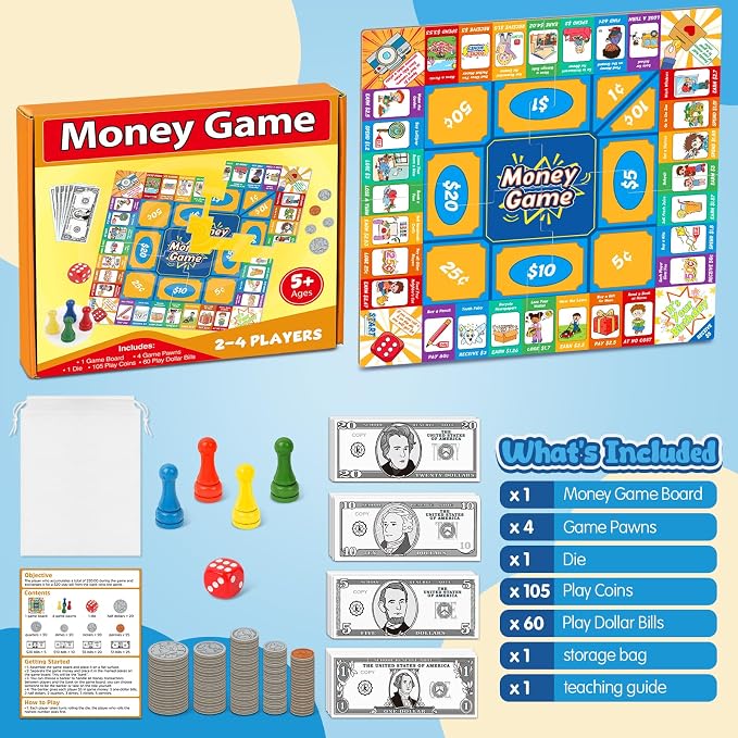 Torlam Money Board Games for Kids, Coins and Bills Toddler Pretend Play Toys, Money for Kids Learning Education Kindergarten Math Games Math Manipulatives, Homeschool Supplies Classroom Must Haves