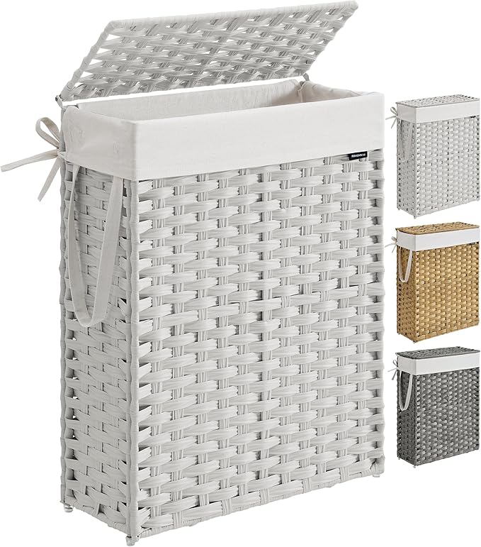 SONGMICS Slim Laundry Hamper with Lid, 14.5 Gallon (55L) Rattan Clothes Laundry Basket with Lid and Handles, Foldable, Removable Liner, Cloud White ULCB164W01