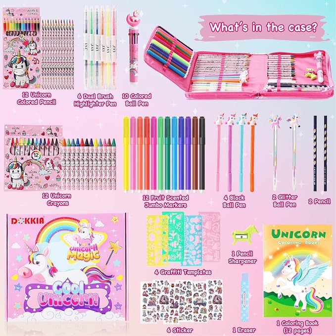 DOKKIA Fruit Scented Coloring Pens Markers Set 65 PCS Art Craft Drawing Case - Washable Kits Pencil,Gel Pen,Crayon&Coloring Book Supplies Rainbow Unicorn Pink
