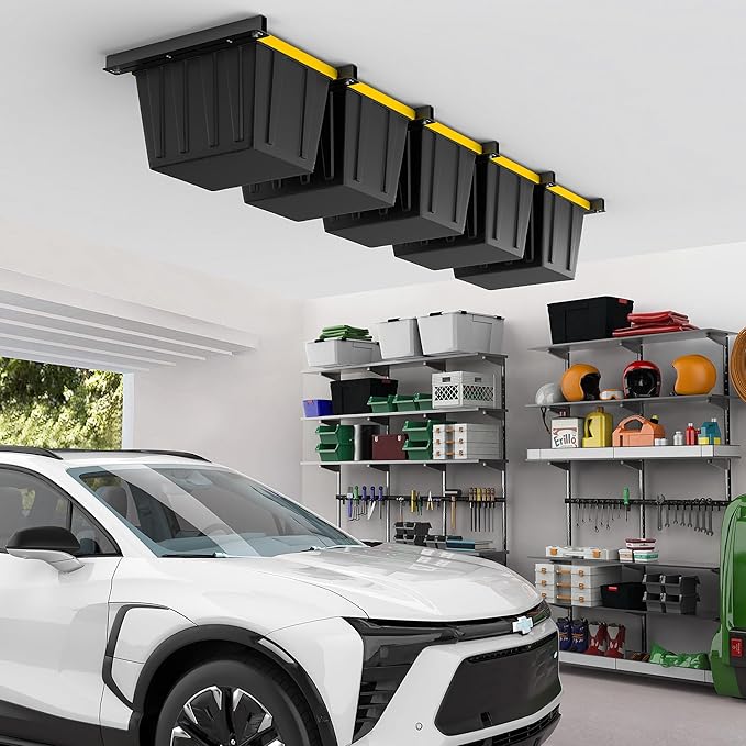 EVERHANGER Ceiling Storage Rack, Heavy Duty Overhead Garage Storage Rack, Adjustable Ceiling Bin Storage System, 6 Sets for 5 Bins, 26 Inch