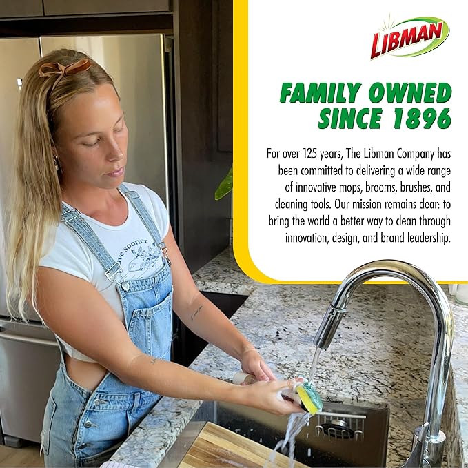 Libman Dishmatic I-Stand Dish Wand Kit, Kitchen Cleaning Scrub Brush with Handle and Soap Dispenser for Scrubbing and Washing Dishes, Refillable Standing Dispensing Scrubber Brushes, 3 Sponge Refills