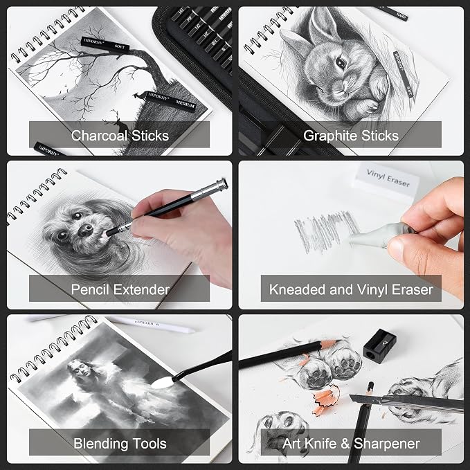 HIFORNY 42 PCS Drawing Set, Sketching Kit with Graphite & Charcoal Pencils, Blending Tools, Erasers & Accessories, Portable Zippered Travel Case for Artists & Beginners
