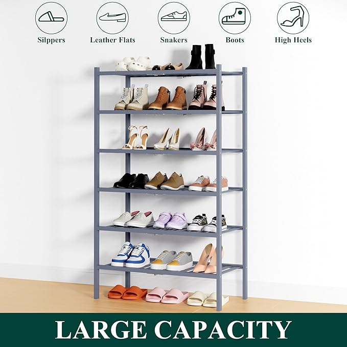 Smiry Shoe Rack, 6 Tier Thick Bamboo Shoe Organizer, Stackable Free Standing Wooden Shoe Storage Shelf for Closet, Entryway, Front Door Entrance, Grey