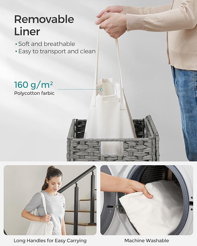 SONGMICS Laundry Hamper with Lid, 23.8 Gallon (90 L) Synthetic Rattan Clothes Laundry Basket with Lid and Handles, Foldable, Removable Liner, Dove Gray ULCB51WG