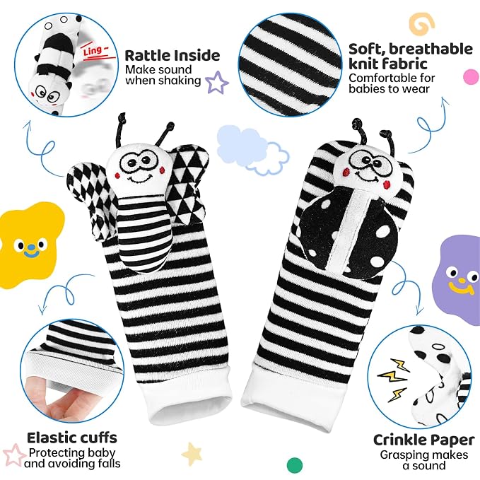 Baby Rattle Socks & Wrist Toys for Newborns, 0-12 Months, High Contrast Black & White Toys for Brain Development, Infant Gift Boy and Girl