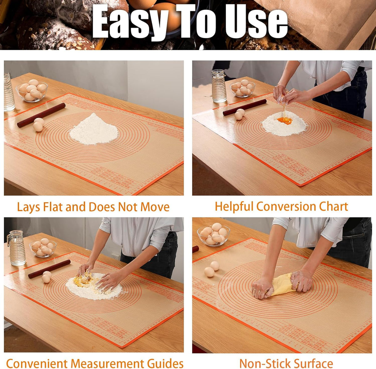 Silicone Pastry Mat 36x24 Inch - Nonstick Baking Mat Perfect for Dough, Pastry, Pie Crust, Fondant, Bread, Cookies, Pasta, Pizza, Kitchen Counter Mats