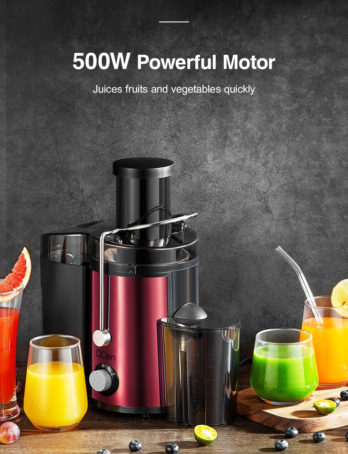 Juicer Machine, 800W Centrifugal Juicer Extractor with Wide Mouth 3” Feed Chute for Fruit Vegetable, Easy to Clean, Stainless Steel, BPA-free (Metallic Red)