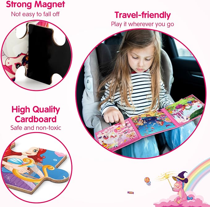 SYNARRY Unicorn Mermaid Princess Magnetic Puzzles for Toddlers 3-5 Girls, 20 Pieces Travel Puzzles for Kids Ages 4-6, Car Airplane Road Trip Activities Toys for 3 4 5 6 Year Old Girls Birthday Gifts