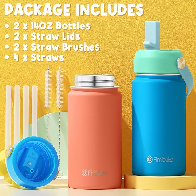Fimibuke Kids Insulated Water Bottle - 14oz BPA-FREE 18/8 Stainless Steel Travel Tumbler Leak Proof Double Wall Vacuum Kids Cup with Straw Metal Water Bottle for School Boys Girls（2 Pack, Macaron）