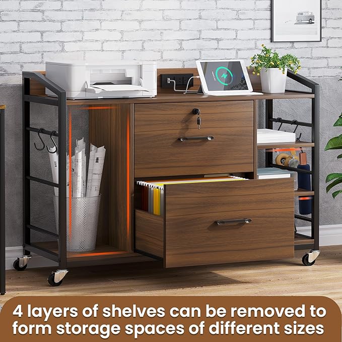 SEDETA 44" File Cabinet, Filing Cabinet fits Legal/Letter Size, 2 Drawer File Cabinets for Home Office with Lock, Power Strip, 6 Storage Shelves, Walnut Brown