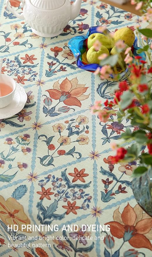 ISAENNE Designer Linen Elegant Long Rectangle Table Cloth,Colorful Floral Bohemian Tablecloth,Wrinkle Resistant Decor Tablecloths for Dining Thanksgiving Kitchen,63"*94"-Floralsea A