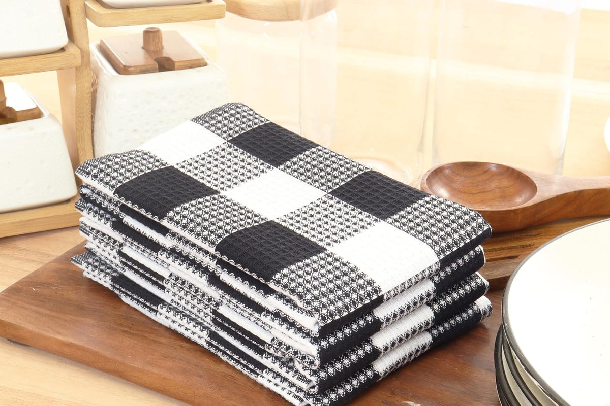PurpleEssences 100% Cotton Waffle Weave Check Plaid Kitchen Towels, Super Soft and Absorbent Dish Towels for Drying Dishes 15 x 25-6 Pack - Spring Summer - Black and White