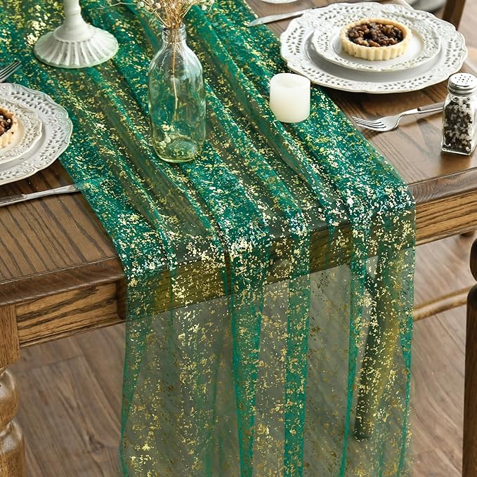 Artoid Mode 6PCS Green Gold Gauze Table Runner 120 Inch 10FT, Glitter Metallic Foil Sheer Dining Wedding Anniversary Holiday Table Decor for Home Party