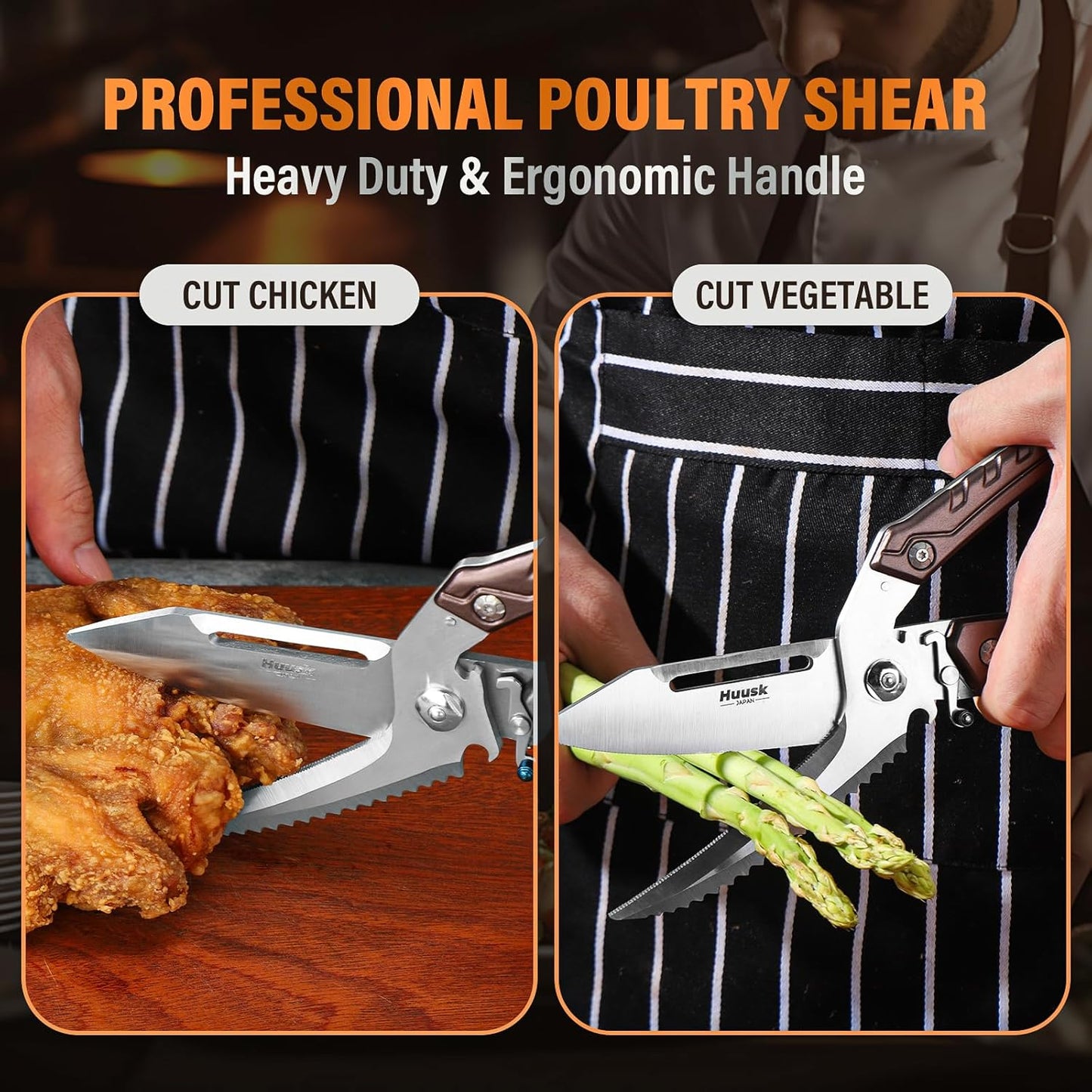 Huusk Heavy Duty Poultry Scissors - Kitchen Scissor for Food with Serrated Edge, Detachable Sharp Shears for Cutting Meat, Chicken Bone and Turkey, Scissors All Purpose for Thanksgiving (Brown)