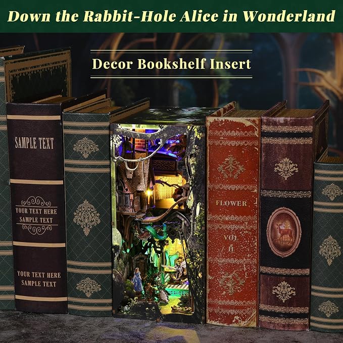 CCCDF Book Nook Kit, Booknook Kit with Dust Cover for Adult DIY Miniature House Kit 3D Wooden Puzzle Decorative Bookend Bookshelf Decor Gift for Women Teens (Alice Down The Rabbit Hole)