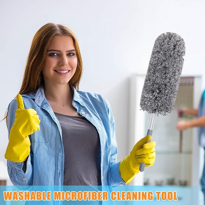 Tanlade 12 Pcs Microfiber Feather Duster for Cleaning 13-31 Inch Extendable Cobweb Dusters Ceiling Fan Duster Washable Bendable Tool for Office Car Window Furniture (Gray)