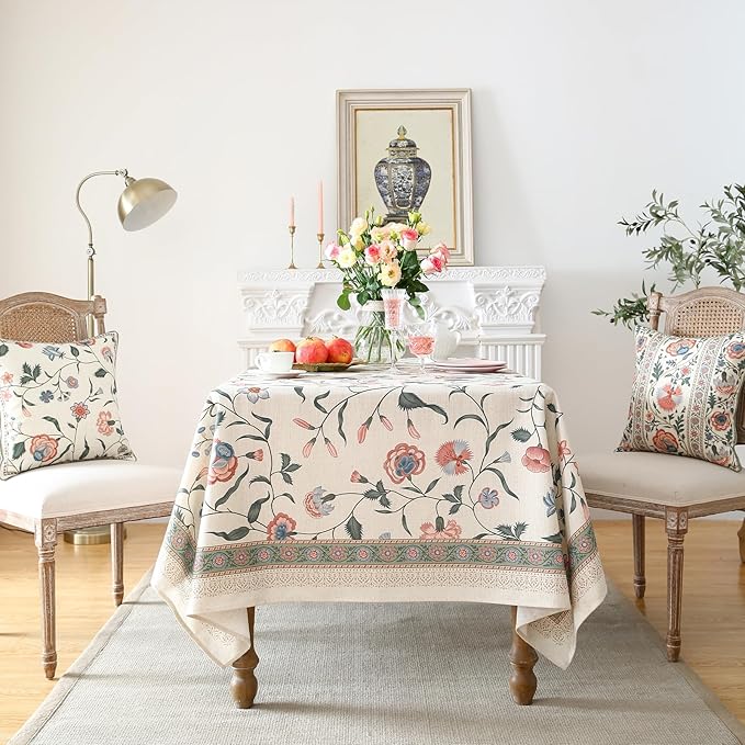 ISAENNE Designer Chinoiserie Linen Floral Rectangular Tablecloth,White Wrinkle Resistant Table Cloth,Elegant Decor Tablecloths for Dining Thanksgiving Kitchen Party Christmas,55"*87"-Daffy