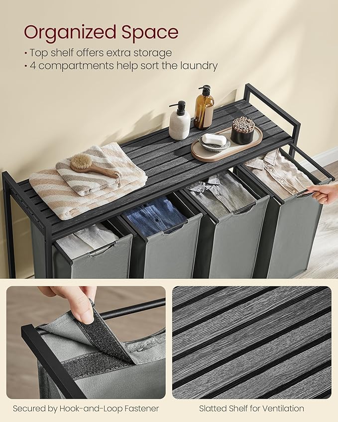 VASAGLE Laundry Hamper, Laundry Basket, Laundry Sorter with 4 Pull-Out and Removable Bags, Shelf, Metal Frame, 4 x 10.6 Gallons (40 L), 45.7 x 13 x 28.4 Inches, Slate Gray and Charcoal Gray UBLH401G01