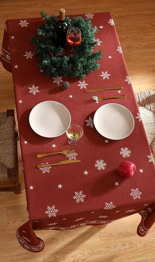 ISAENNE Designer Christmas Red Square Tablecloth,Linen Table Cloth with Snowflakes Pattern,Wrinkle Resistant Decor Tablecloths for Dining Kitchen Thanksgiving Christmas,67"*67"-Carol C