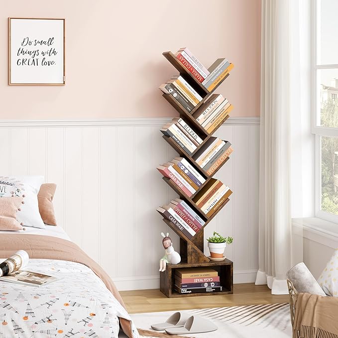 Hoctieon 9 Tier Tree Bookshelf, Tall Bookcase with Drawer, Wood Book Shelf, Modern Floor Standing Bookshelves, Book Organizer Shelves for Bedroom, Living Room, Home Office, Rustic Brown