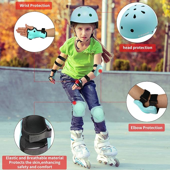 Kids Bike Skateboard Helmet Pad Set,Toddler Cyling Protective Gear Knee & Elbow Pads Wrist Guards for 5-8-10-12-14-16 Years Girls Boys Bicycle Scooter Roller Skate Inline Skating Rollerblading