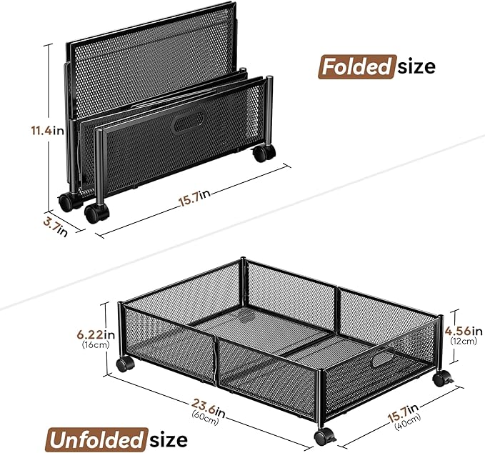 PHINOX Under Bed Storage with wheels, Under the Bed Storage Containers,Upgrade Crossed Iron Wire, Metal Rolling Underbed Storage Containers for Bedroom Clothes Shoes Blankets-2 Pack,Black