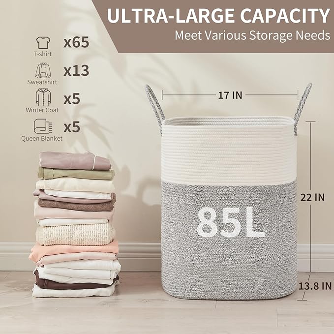 Laundry Basket with Handles - Blanket Basket & Hampers for Bedroom Aesthetic, Laundry Hamper & Blanket Storage for Living Room, Clothes Hamper, Tall, Large 17" x 14" x 24”, White & Grey