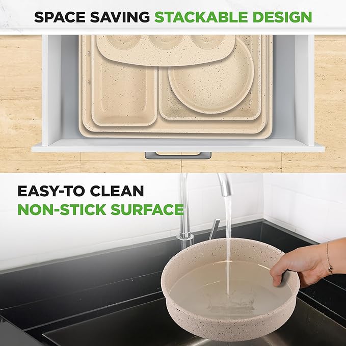 NutriChef 8-Piece Stackable Bakeware Set | Carbon Steel Non-Stick Baking Pan Set | Includes Sheet, Muffin, Round, Loaf, Square Cake & Deep Pans | No PFOA & PFOS | Oven Safe to 450 F | Marble Cream