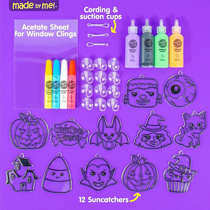 Made By Me Create Your Own Halloween Window Art by Horizon Group USA, Make 20 Projects, Includes Suncatcher Frames & Window Clings, Glow-in-The-Dark Paint, Paint Tubes, Suction Cups & Cording,Multi