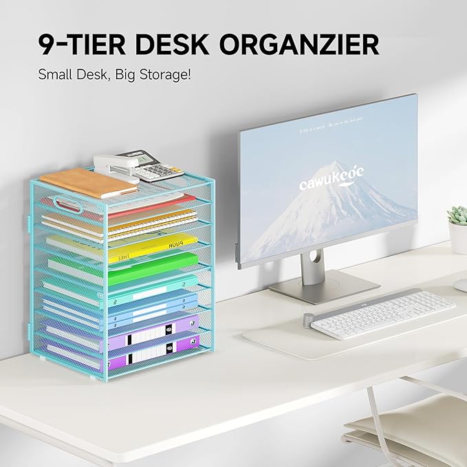 9 Tier Paper Organizer with Handle, Large Capacity Desk Organizer Mesh File Folder Letter Paper Tray Desktop Document Sorter for Classroom, School, and Office Accessories Organization- Blue